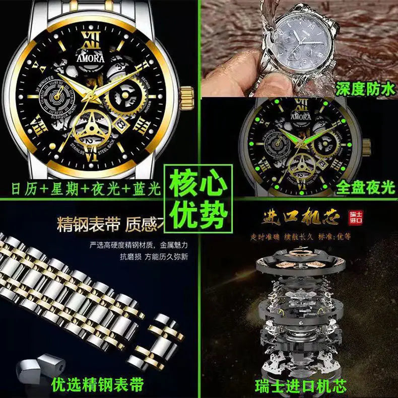Gold skeleton watch for men waterproof luxury watch