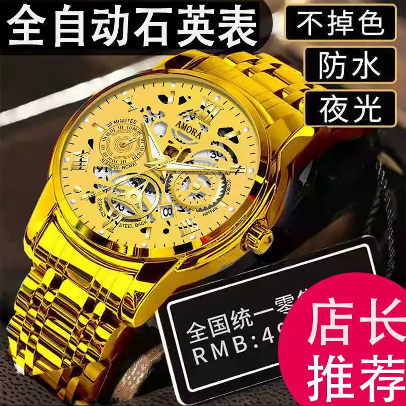Gold skeleton watch for men waterproof luxury watch