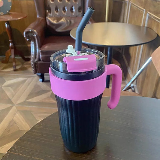 40oz Thermos Travel Mug with Handle, Leakproof Lid & Stainless Steel Straw – Double Wall Insulated Hot & Cold Tumbler - Random Color
